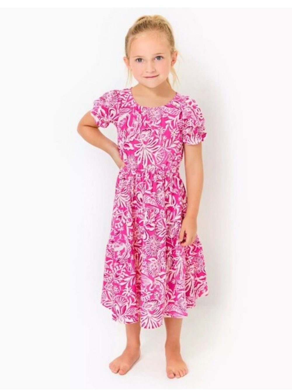 Lilly Pulitzer Pink Floral Puff-Sleeve Kids Dress 8/10